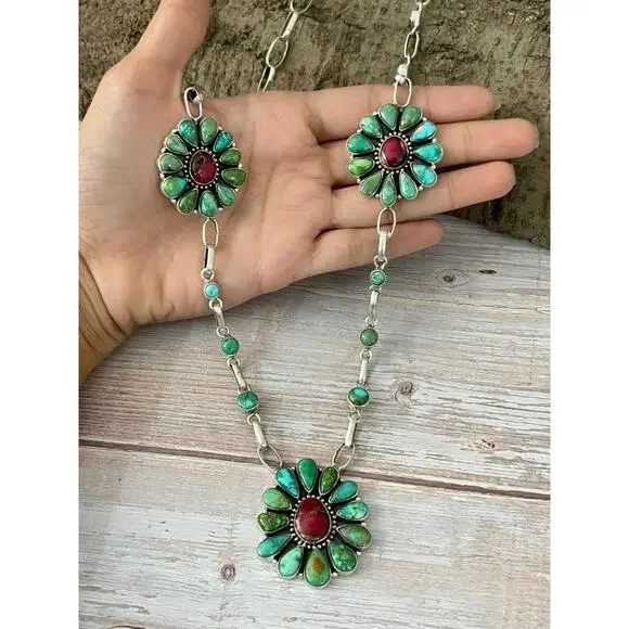 Handmade Sterling Silver Dahlia Rose with Emerald Valley Turquoise Necklace Si